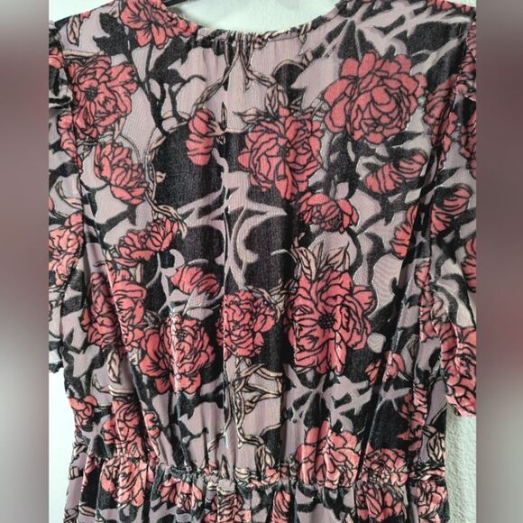 Leith Pink Rose burnout floral velvet tulip sleeve faux wrap dress womens M - Picture 8 of 9
